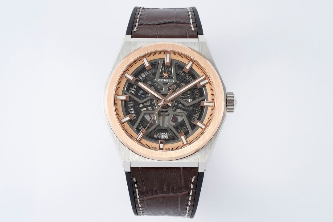 Zenith Defy Skeleton Silver and Rose gold with Brown leather strap 