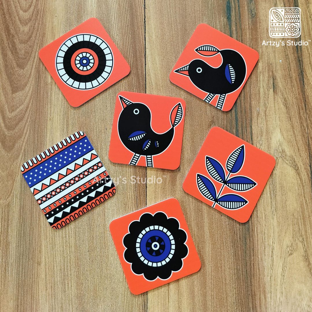 Digital Orange Madhubani Tea Coaster - 6 Pieces