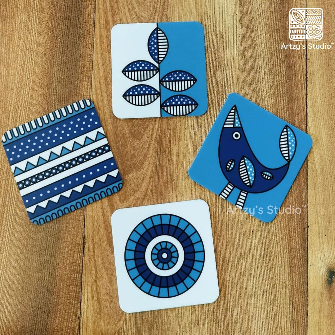 Digital Blue Bird & Leaf Tea Coaster - 4 Pieces