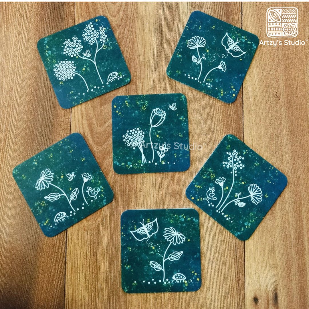 Digital Flower Green Tea Coaster - 6 Pieces