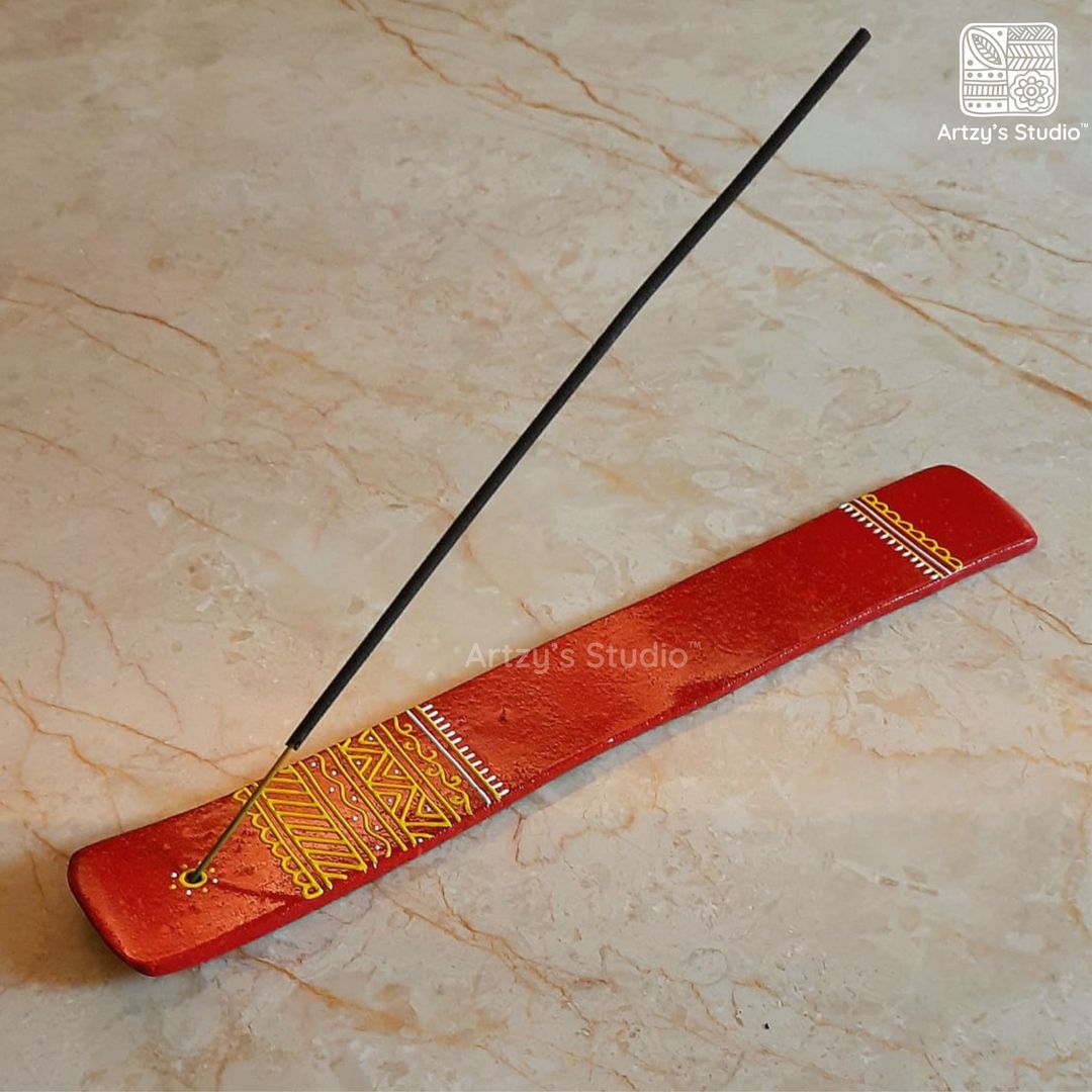 Red Colour with Yellow Border Design Wooden Incense Stick Holder Agarbatti Stand