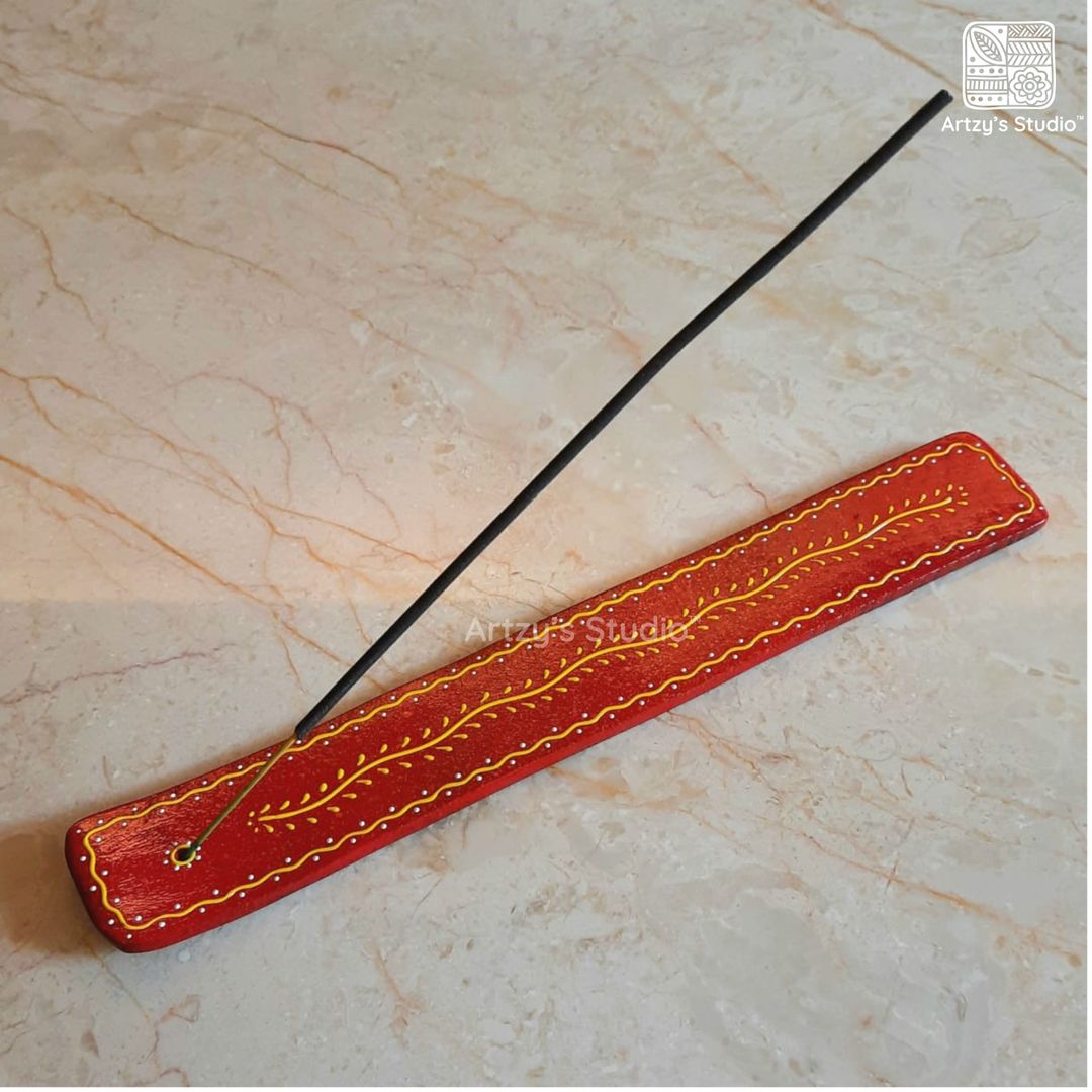 Red Colour with Yellow Vine Border Design Wooden Incense Stick Holder Agarbatti Stand