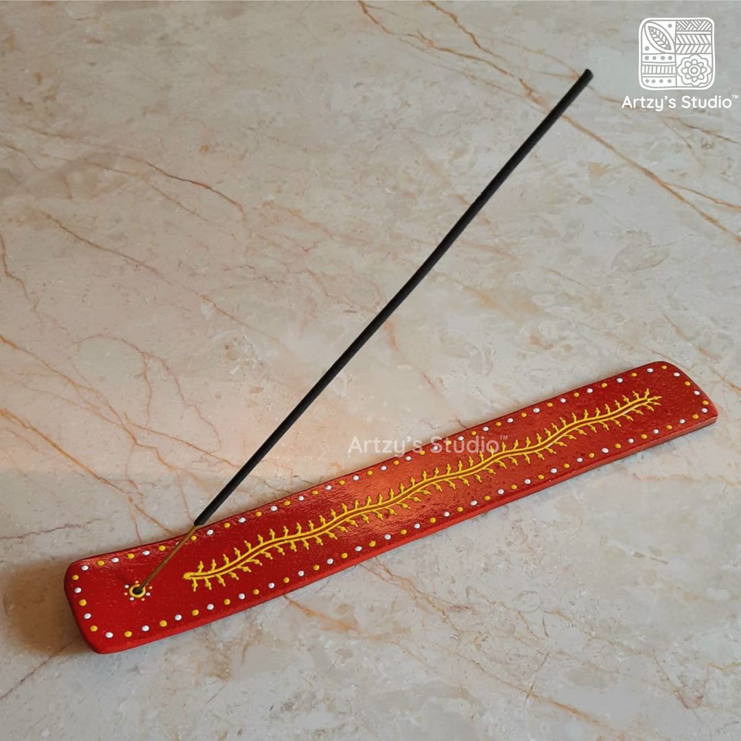 Red Colour with Yellow Leaves Border Design Wooden Incense Stick Holder Agarbatti Stand