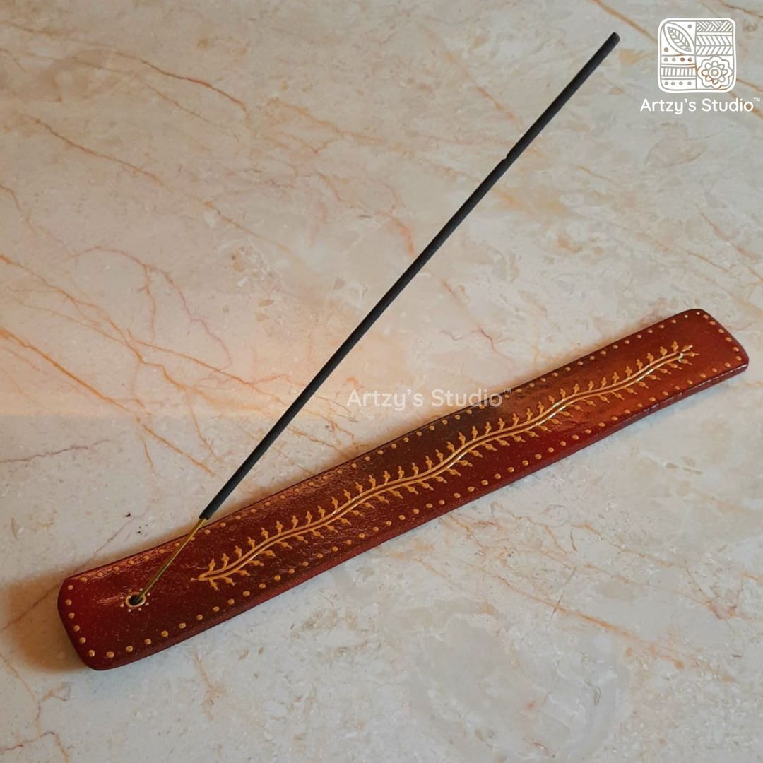 Brown Colour with Golden Leaves Border Design Wooden Incense Stick Holder Agarbatti Stand