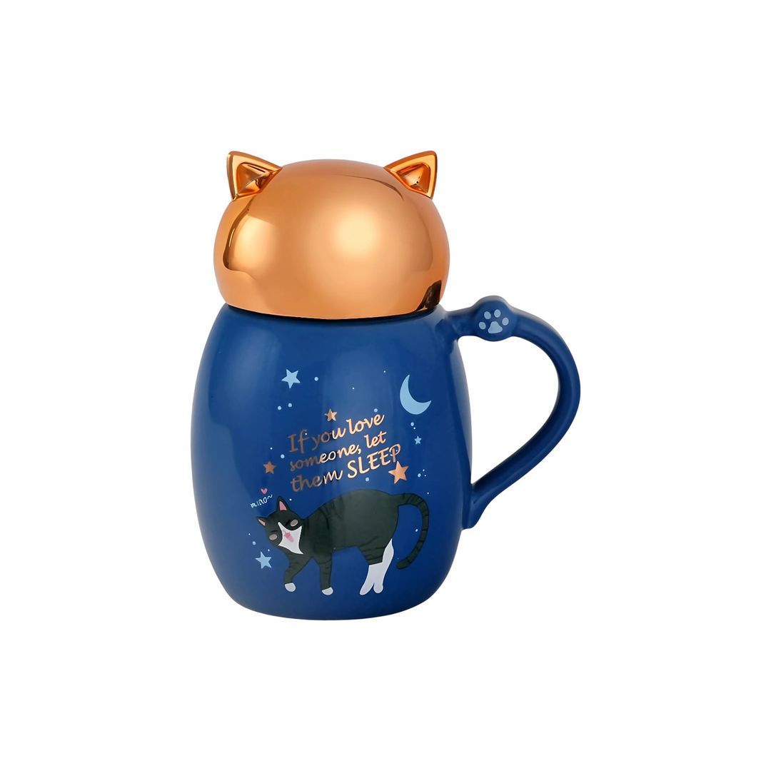 taza gato cerámica con tapa dorada de plastico