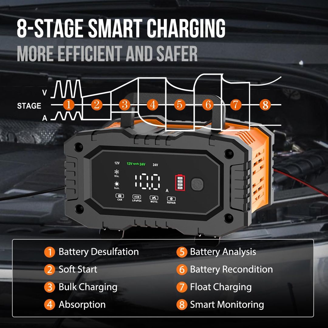 NEXPEAK NC202 10-Amp Battery Charger, 12V 24V LiFePO4 Lead Acid Portable Car Battery Charger 8-Stage Trickle Charger Smart Battery Maintainer w/Temp Compensation for Car Truck Motorcycle Lawn Mower