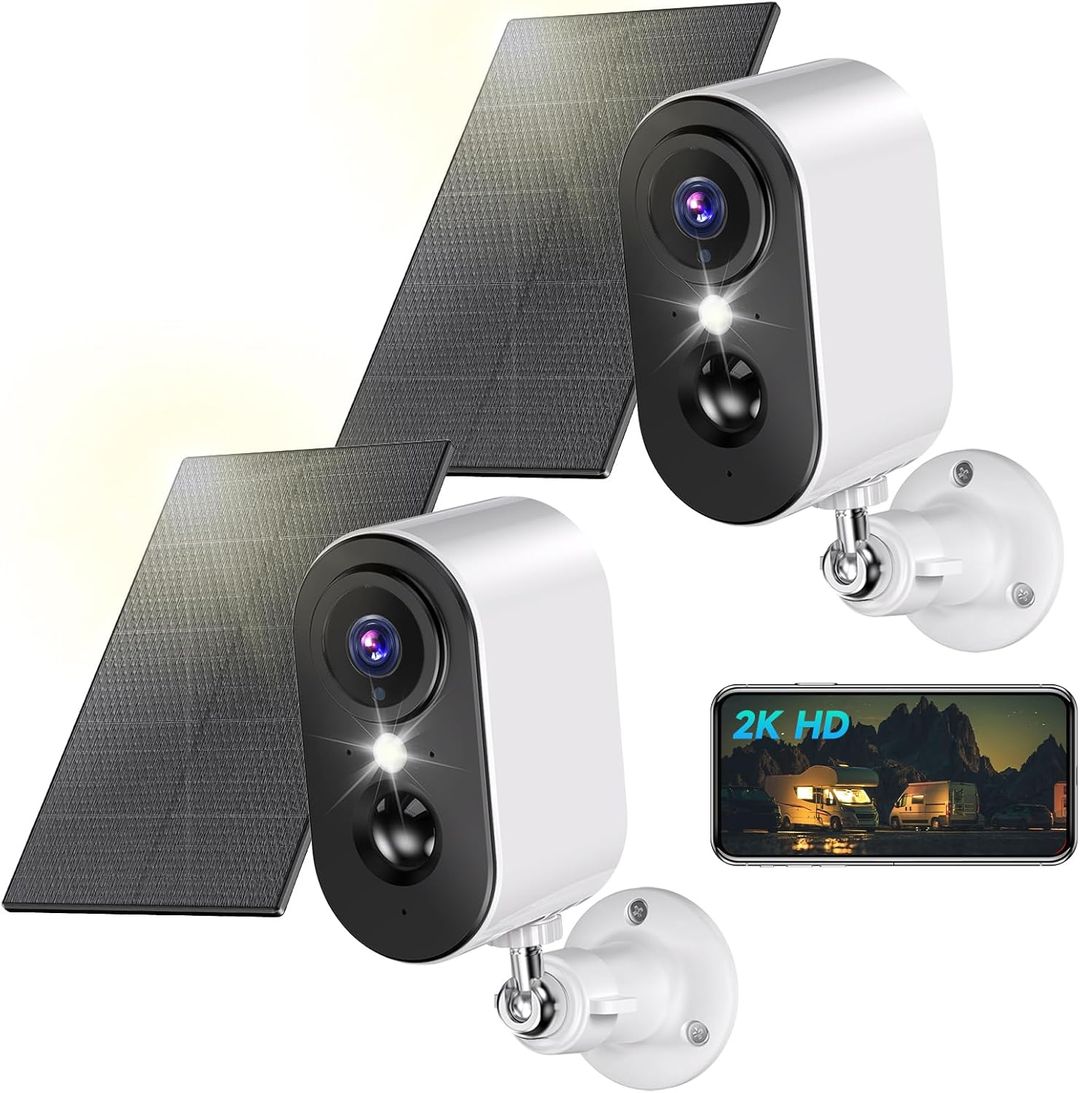 LIWAN Solar Security Cameras Wireless Outdoor (2 Pack), 2K 3MP WiFi Cameras for Home Security, Solar Panel Battery Powered Surveillance Camera with Color Night Vision, AI Motion Detection, 2-Way Talk