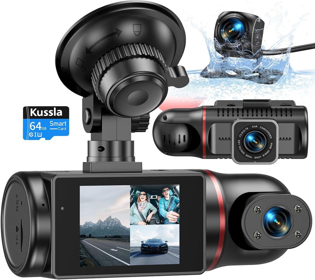 Kussla 3-Channel 1080P Dash Cam with 64GB Card Front, rear, and interior recording, super night vision, loop recording, G-sensor, WDR, and motion detection.