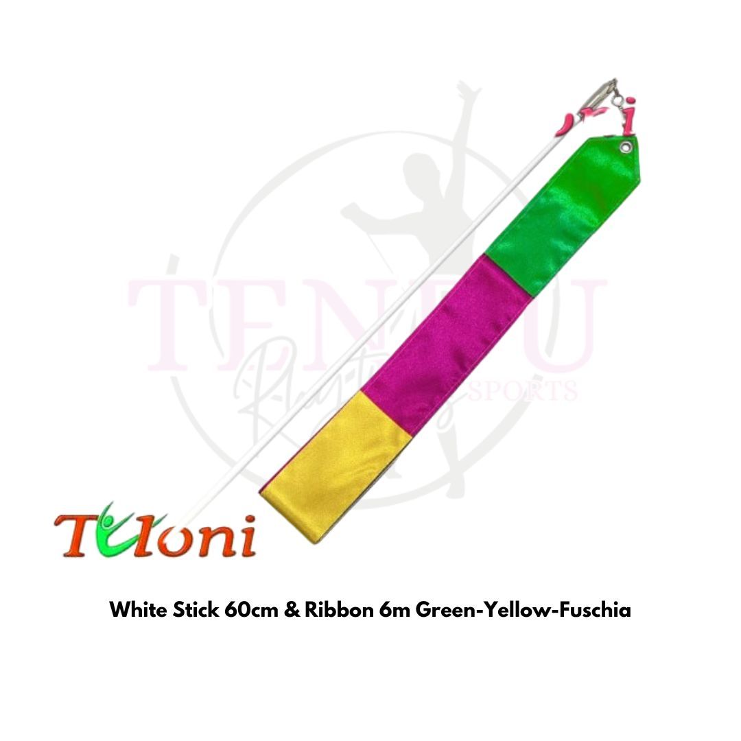 TULONI |  White Stick 60cm & Ribbon 6m Green-Yellow-Fuschia incl. Grip (RS-T6MW-GYF) 