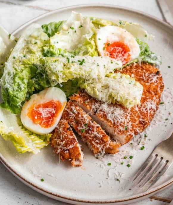  Crispy Chicken Schnitzel with Caesar’ Salad