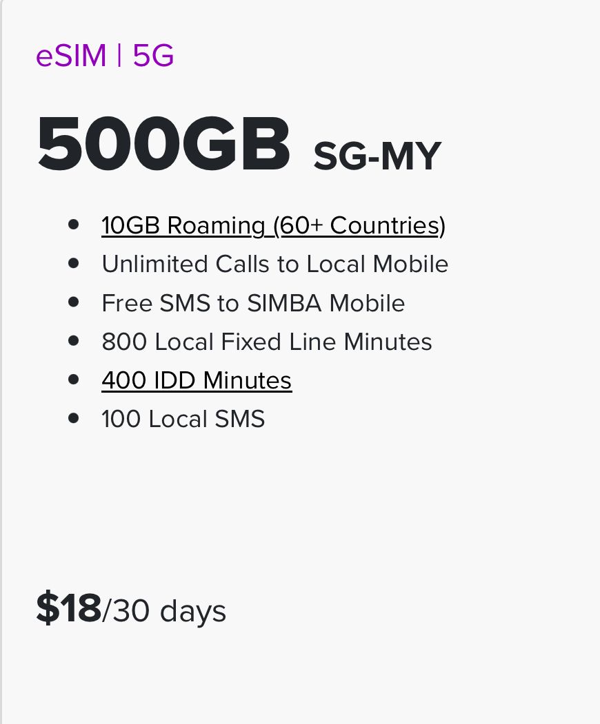 SIMBA SIM-Only $18 500GB SG-MY