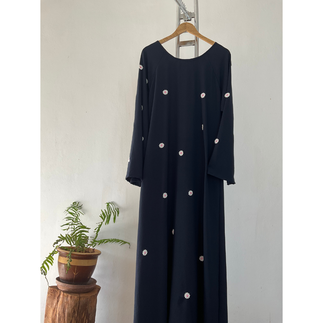 Fully Embroidered Flower Appliquee Abaya in Navy