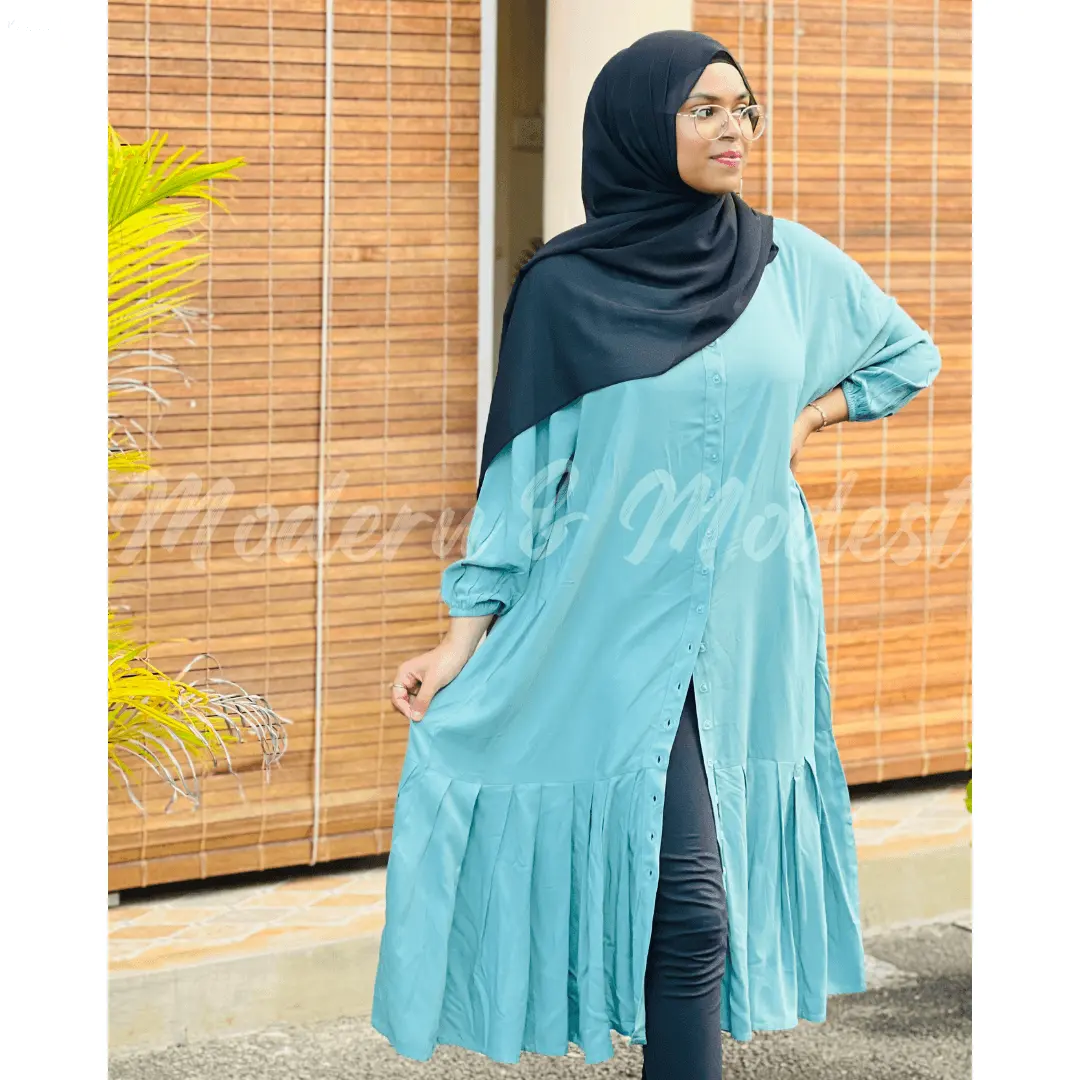  Midi Teal Dress in Rayon with Elastic Sleeves