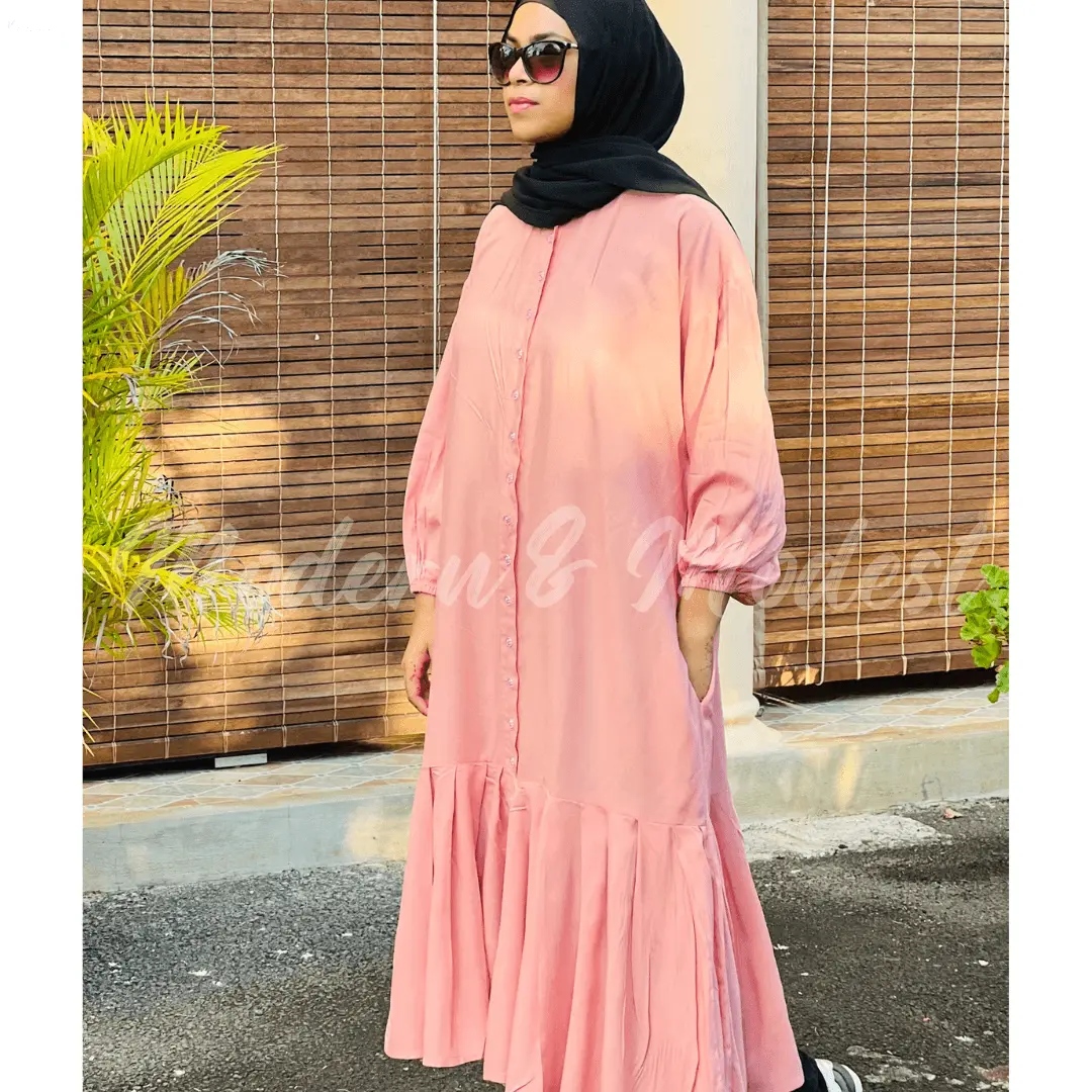  Midi Coral Pink Dress in Rayon with Elastic Sleeves 