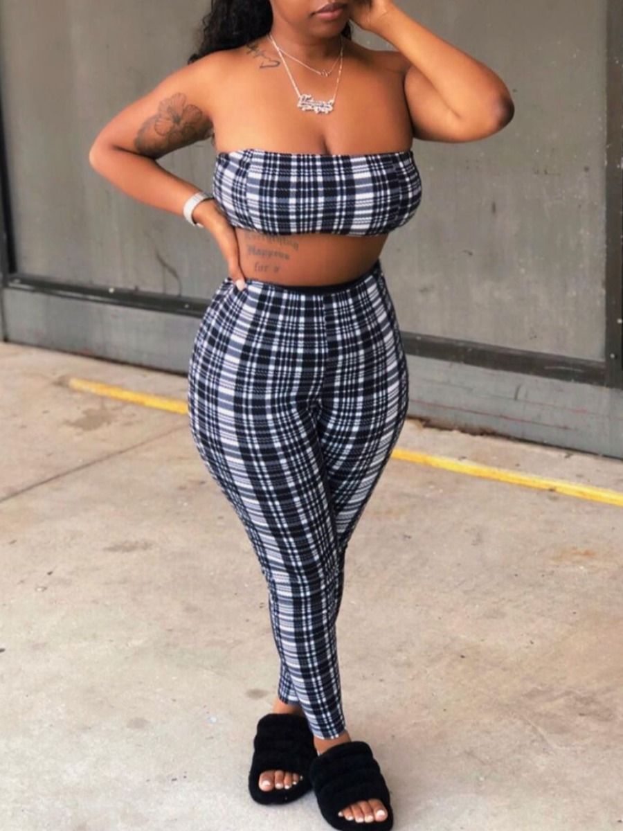 2pc Black Plaid Pants Set