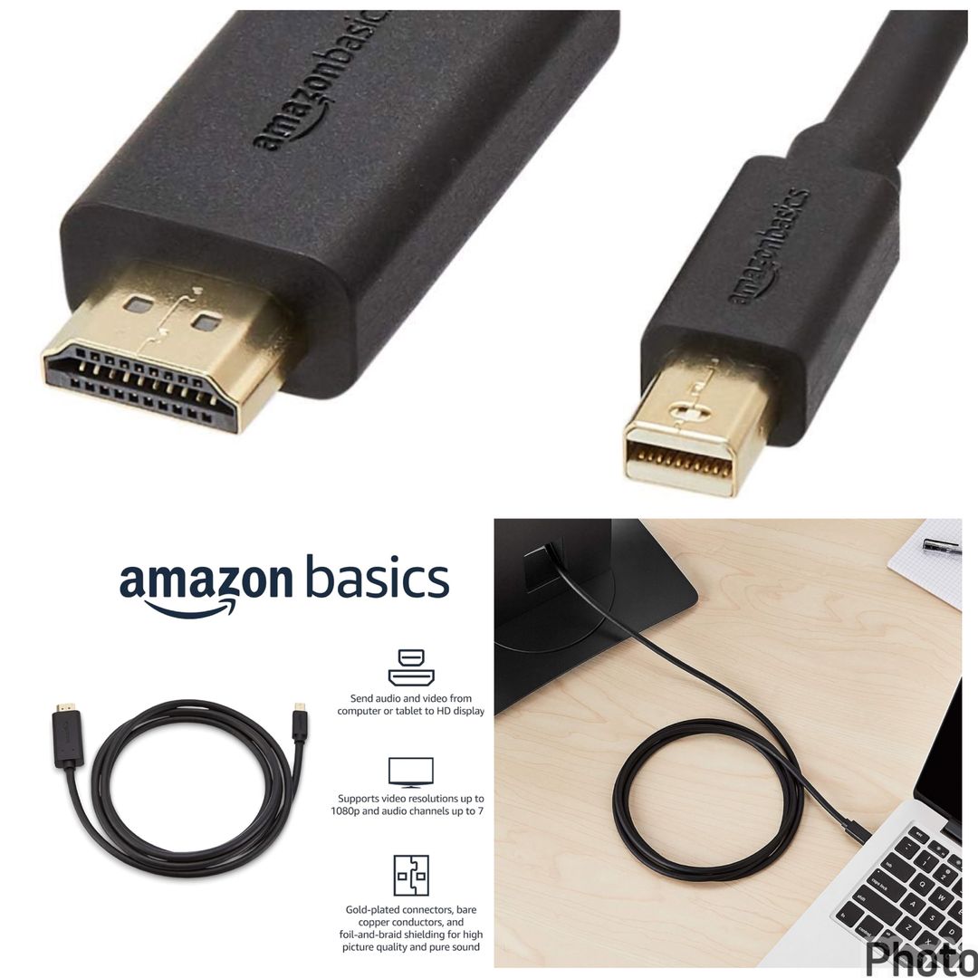 Amazon Basics Cable Mini DisplayPort macho a HDMI macho, 1080p, conectores chapados en oro, 6 pies, negro para computadora personal