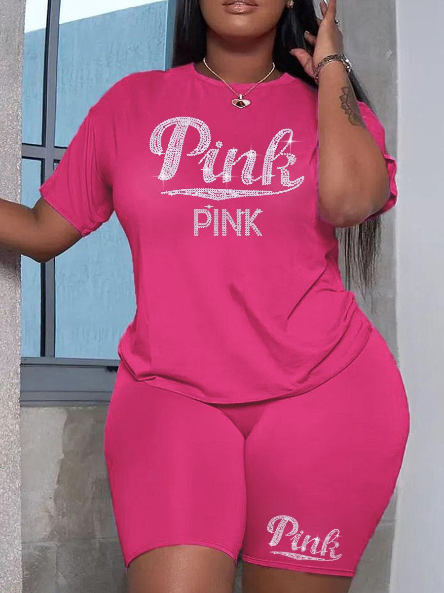 Plus Size Pink Rhinestone Shorts Set