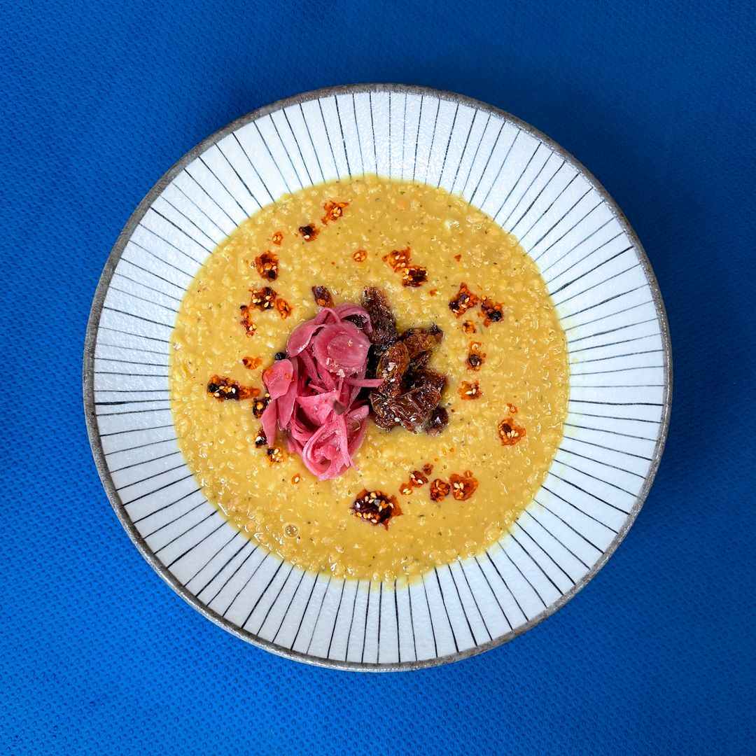 Lentil Soup with Pickled Onions and Balsalmic Tomatoes