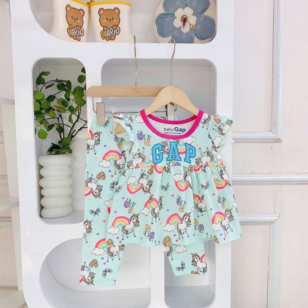 GAP Ruffled Sleeves Long Pants Set - Rainbow Unicorn 