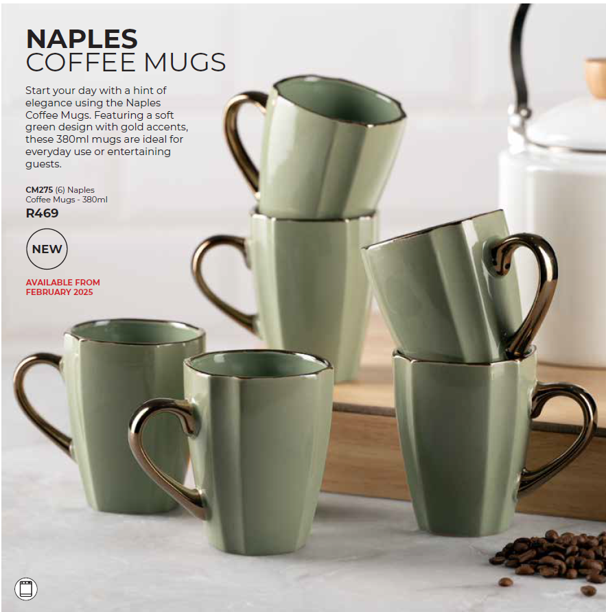 (6) Naples Coffee Mugs - 380ml (New)