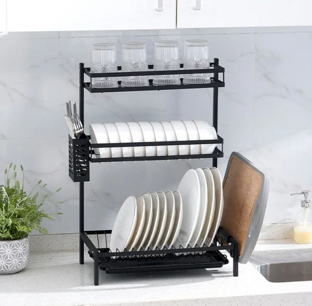 3-Tier Aluminum Kitchen Dishes Storage Rack - Black - MJ-6014 Keep your kitchen utensils (plates, cutlery, cups) organized easily and simply Dish drainer 