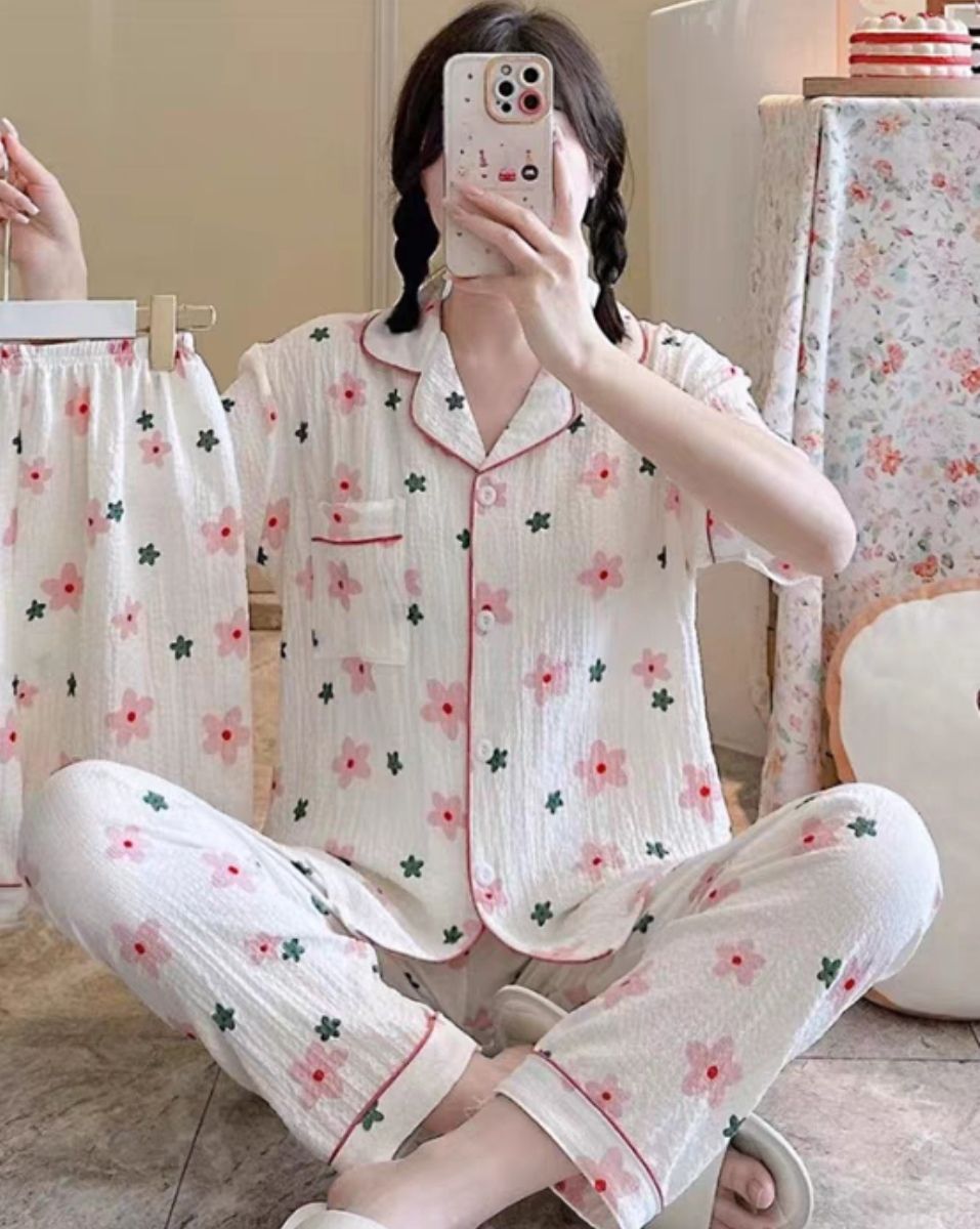 Pink flowers short sleeves pajama set