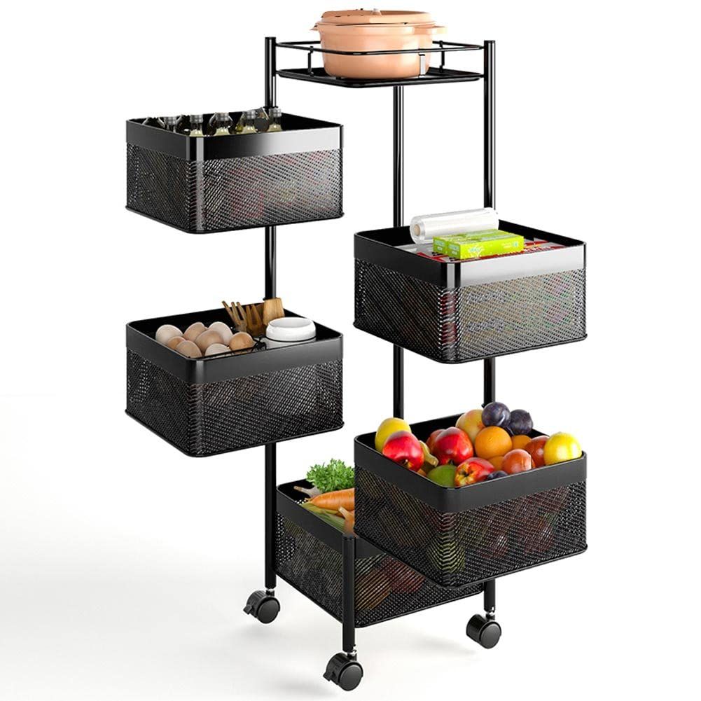 Metal Kitchen with 5 Open Basket Shelves and 4 360 Degree Swivel Wheels Space Saving Trolley Home Kitchen Furniture Size 85 x 26 cm Modern Design (Square) 