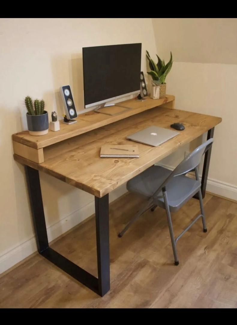 Rustic Wooden Office Desk with Monitor Shelf