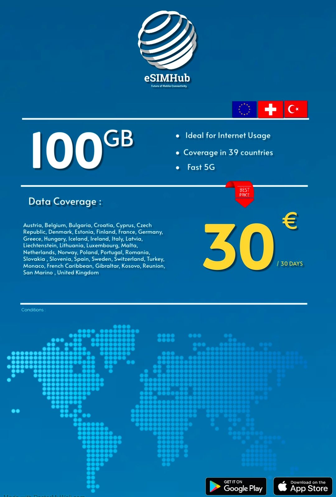 Travel Sim 100 GB Zone 1 ( EU&TR&CH&UK )