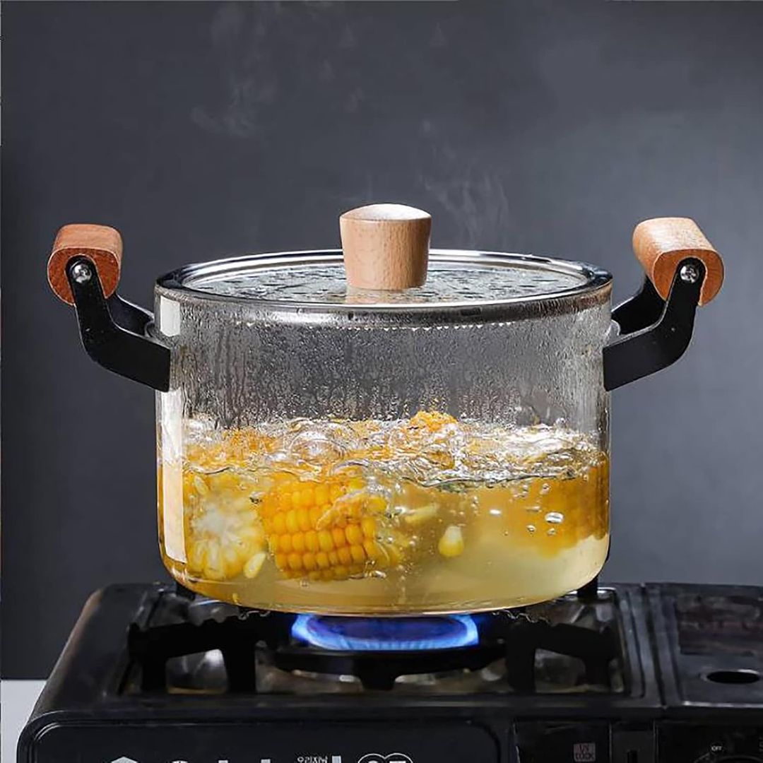 4.5L Clear Glass Pot for Cooking on Stove, Big Glass Cooking Pot with Wooden Handle, Large Glass Simmer Pot for Stove