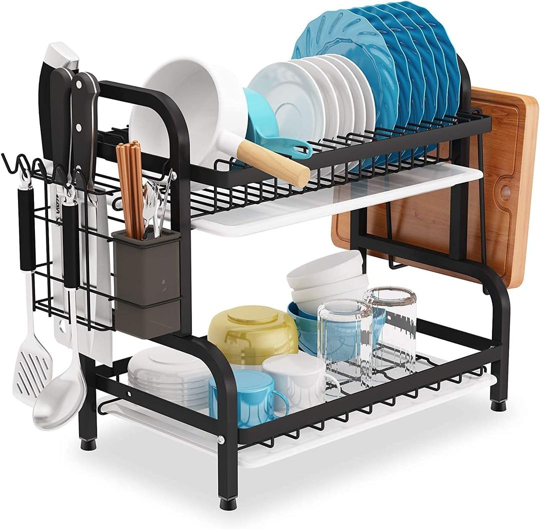 2 Tier Dish Drainer, Dish Drying Rack with Drip Tray,Dish Drainer with Drainboard and Utensil Holder(Black)