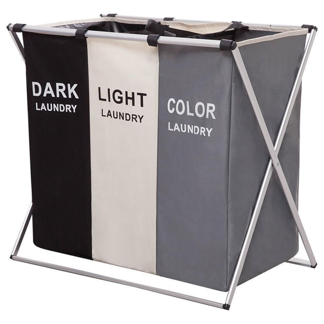 3 Sections, Foldable Laundry Hamper Sorter for Bedroom Bathroom Dorm, Waterproof Divided Dirty Clothes Basket with Aluminum Frame