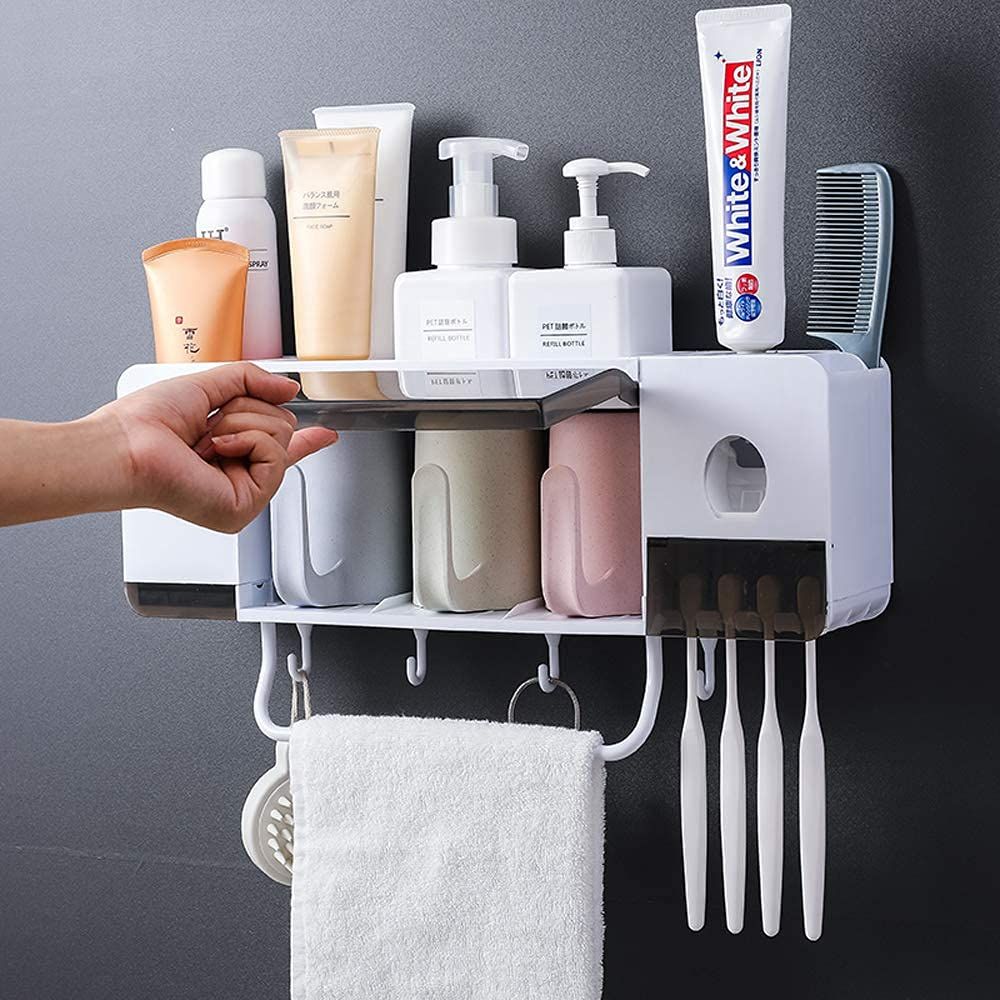 Multi-Functional Toothbrush Holder with Automatic Toothpaste Dispenser, 3 Cups with Dustproof Cover, 4 Toothbrush Slots and Towel Bar