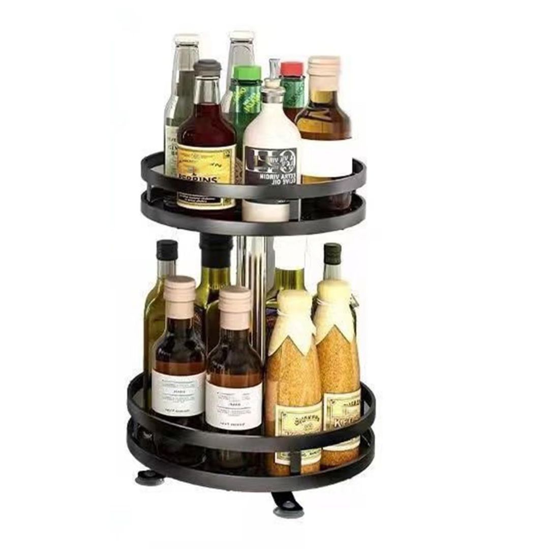 Turntable Organiser, Spice Rack, Rotatable Kitchen Shelf, Standing, 360° Rotating Carbon Steel Spice Rack, Height Adjustable for Spices, Spice Jars, Black, 2-Tier