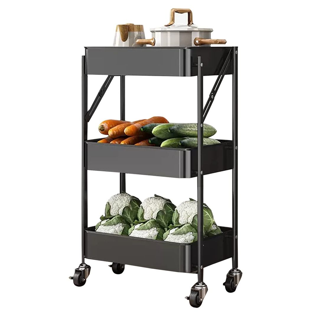 3-Tier Storage Rack, Utility Organiser Shelf, Fruit and Vegetable Storage Trolley, Shelf for Pantry, Kitchen, Office, Bathroom, Perfect for Fruit, Vegetables, Snacks, Metal and Carbon Steel, S