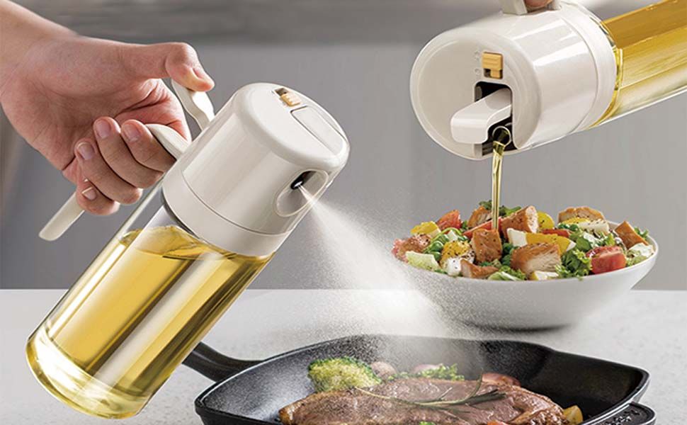 Oil sprayer, oil spray bottle, oil sprayer 2-in-1 oil spray bottle with pouring and spray function, transparent glass oil spray for cooking, professional oil spray bottle for cooking, salad, grill,