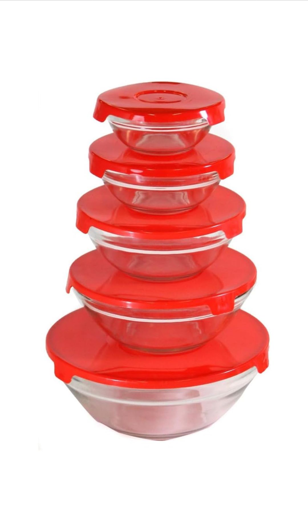  Mixing Bowls Set with Red Lids- Set of 5 Pcs Glass Food Storage Containers