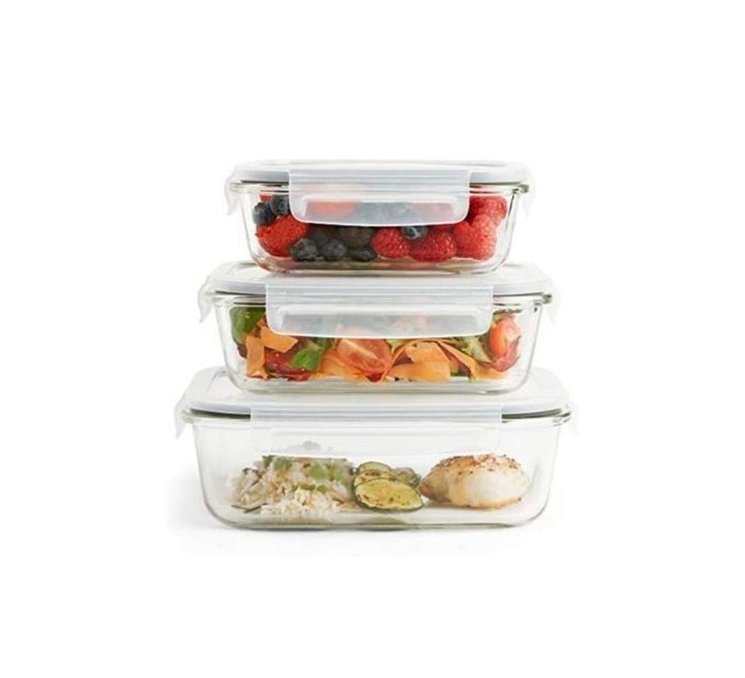 3 Piece Food Safe Microwave Oven Safe Glass Bowls Fridge Containers -White.