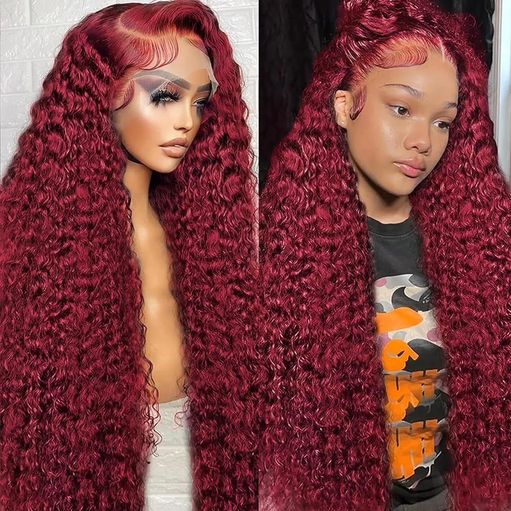 Burgundy Lace Front Wig Human Hair 99J 13x6 Deep Wave Lace Front Wigs Human Hair Pre Plucked 180 Density Red Colored Curly Glueless Human Hair Wig for Women with Baby Hair (26 inch)