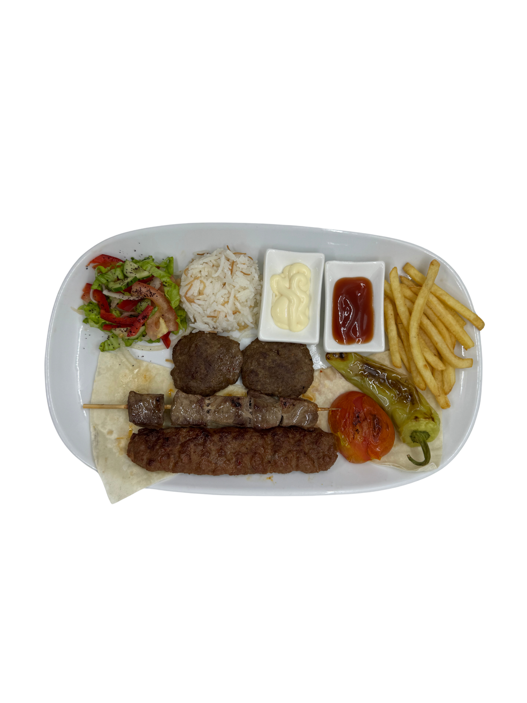 H12 - 1 spicy Turkish kebab, 1 beef skewer, 2 meatballs