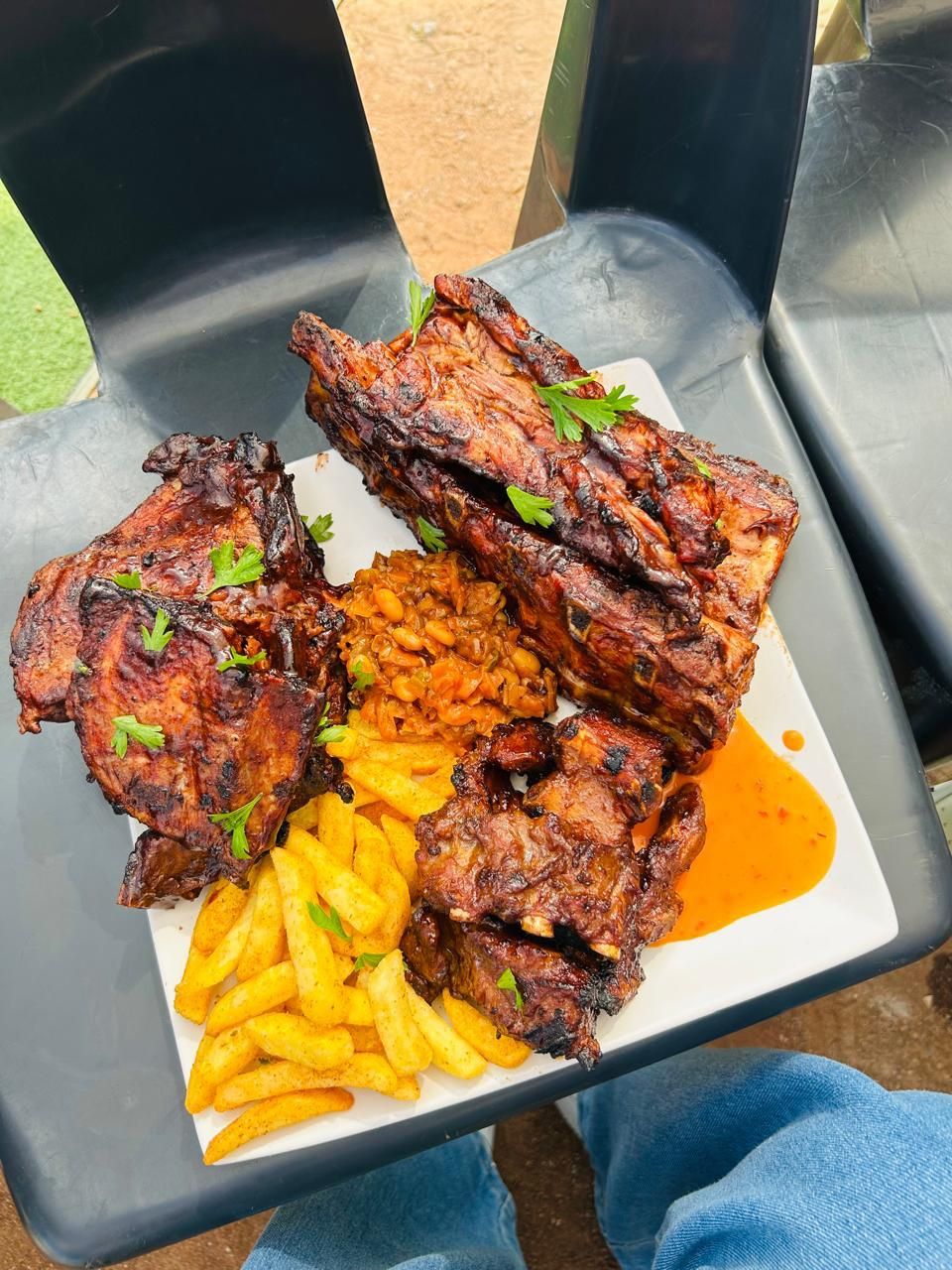 Small pork ribs & small beef ribs and spine with 1 side and chakalaka 