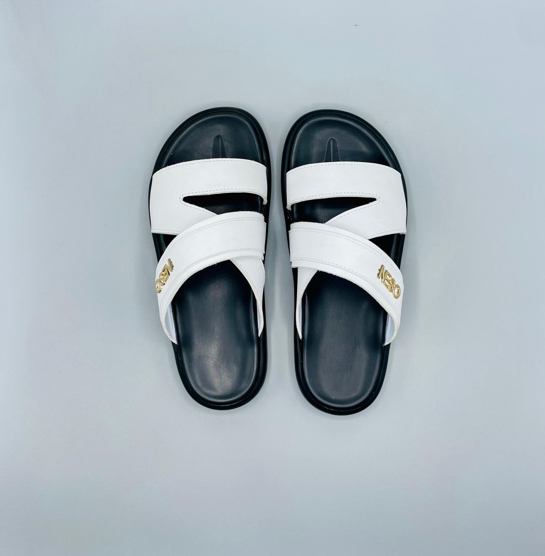 Men's White Leather Slides