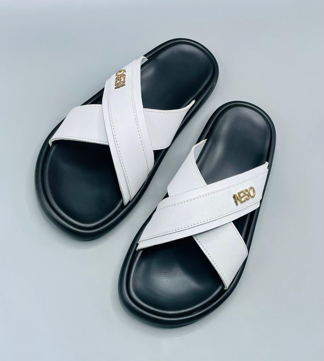 Mens Cross-Strap Leather Slides