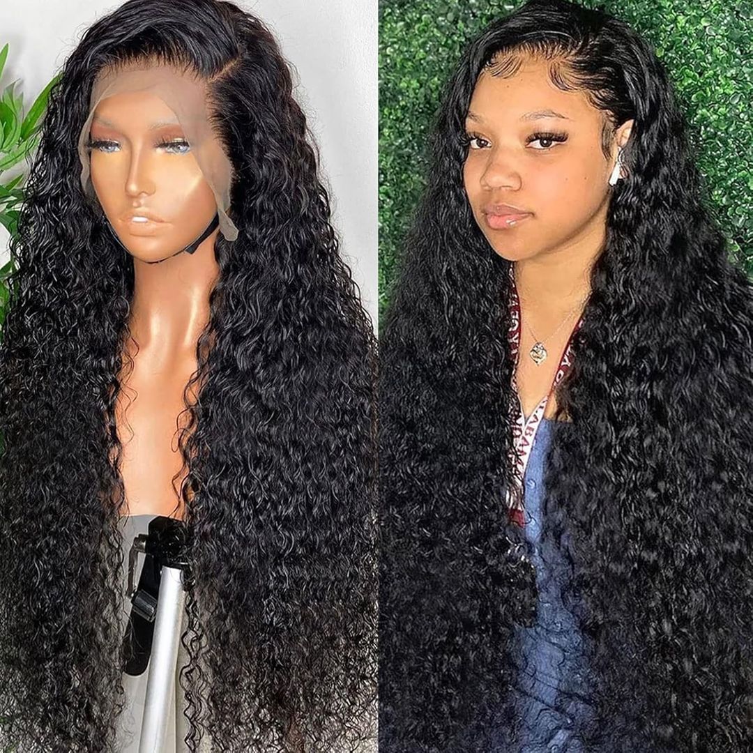 Lace Front Wigs, Water Wave Wig, Black Medium Part Long Deep Wave 150% Density Frontal Wigs For Black Women Hair 30 in