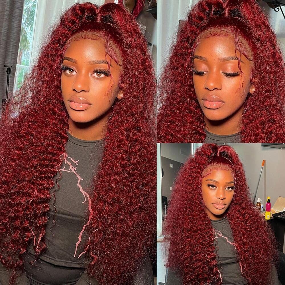 99J HD Lace Front Wigs Human Hair Pre Plucked 180% Density Burgundy 13x6 Deep Wave Frontal Wigs Natural Hairline Human Hair Wigs for Black Women(26 Inch)