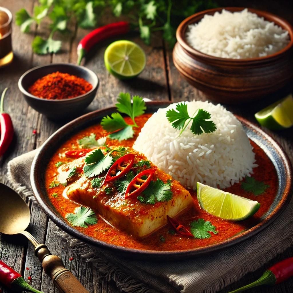 Fish Curry Meals - Bowl of Ponni Boiled Cooked Rice , Golden pomfret Fish Curry - 3 Slices , Milagu ( Pepper) Rasam 