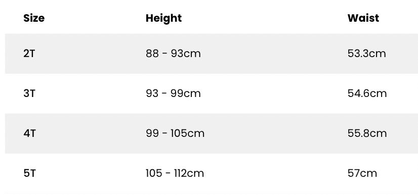 Size Guide - Toddlers (Bottoms)