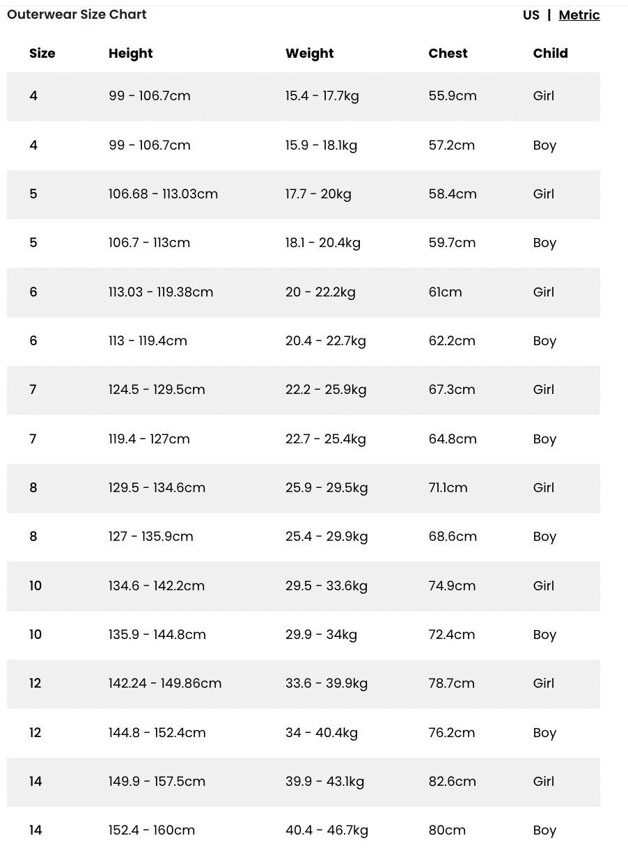 Size Guide - Kids (Outerwear)