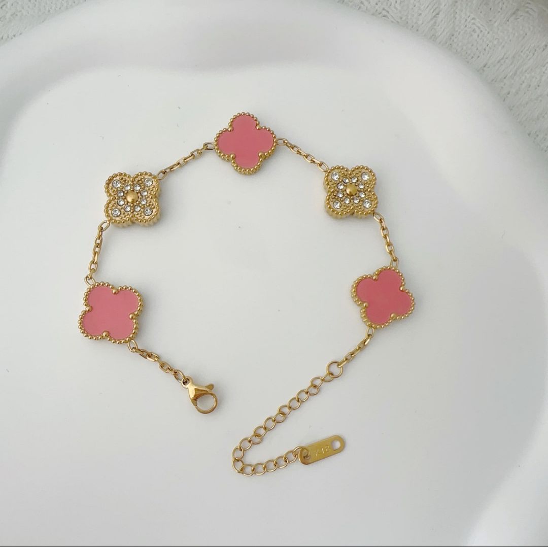 Pink & Gold Clover Diamond Bracelet 