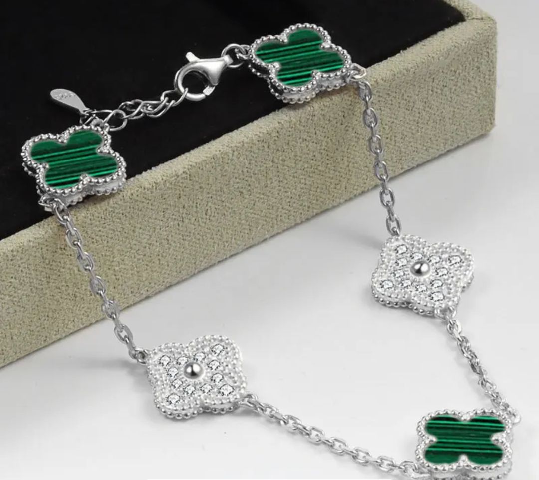 Green & Silver Diamond Clover Bracelet  